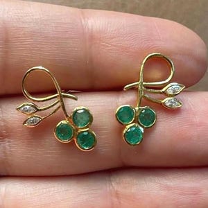 Natural Emerald and Diamond Earrings in 14K Solid Yellow Gold, Nature Inspired Leaf Earrings, Dainty Gold Stud Earrings, Unique Gift For Her