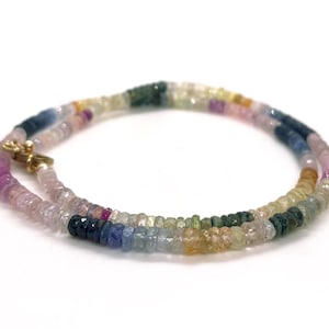 Natural Multi Sapphire Necklace, Multicolour Fancy Sapphire Necklace with 9K Gold Clasp, Faceted Sapphire Rondelle Necklace, Gift For Her