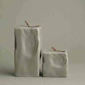 May include: Two light green, rectangular ceramic containers with a textured, draped appearance. The larger container is taller than the smaller one. Each has a small, brown, knotted cord attached at the top. The background is a solid, muted green.