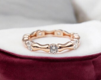 14K Solid Gold Bamboo Design Diamond Eternity Ring, Diamond Eternity Ring for Her, 7 Diamond Eternity Ring, Diamond Wedding Band for Her