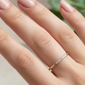 14K Gold Dainty Diamond Ring, 1-13 Diamond Thin Stackable Wedding Band for Her