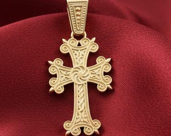 Colgante de cruz armenia en oro macizo de 14K/18K, regalo unisex, grabado gratuito