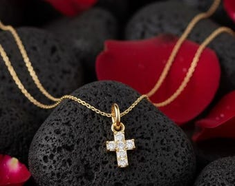 14K Solid Gold Mini Diamond Cross Necklace – Dainty Minimalist Pendant, Made in US