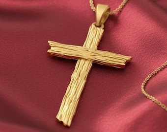 10K/14K/18K Solid Gold Wooden Style Cross Pendant, Handmade Religious Unisex Jewelry Free Engraving, Gift USA