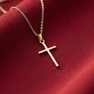 18K Solid Gold Plain Cross Necklace – 16mm x 8.80mm Small Faith Pendant Jewelry