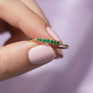 10K/14K/18K Solid Gold Emerald Stacking Ring • 7 Natural Emeralds • Dainty Gemstone Band