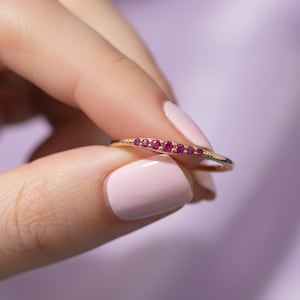 10K/14K/18K Solid Gold Ruby Stacking Ring • 7 Natural Rubies • Dainty Gemstone Band