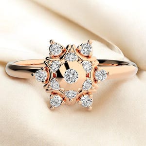 14k Solid Gold Diamond Flower Ring, Dainty Diamond Flower Ring, Minimalist Diamond Flower Statement Ring for Her, Gift for Her