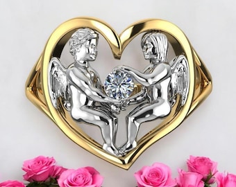 14K Solid Gold 2 Angels Diamond Ring, Dwukolorowy diamentowy pierścionek Angels, Diamentowy pierścionek dla niej, Prezent dla niej