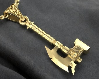 14K Solid Gold Axe Pendant, Unisex Gold Axe Pendant, Double Sided Axe Gold Pendant, Gift for Him