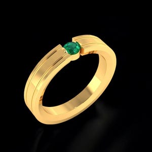 14K Solid Gold Emerald Ring, Half Bezel Set Round Emerald Band, Emerald Wedding Band for Her, Emerald Stacking Ring, Gift for Her