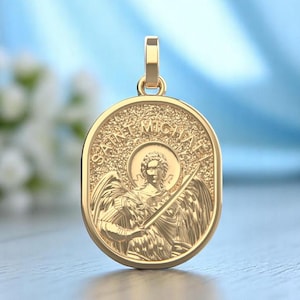 14k Solid Gold Saint Michael Pendant, Saint Michael Gold Pendant, Saint Michael Double Sided Pendant, Religious Saint Michael Gift Pendant