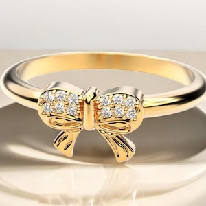 Anillo de lazo de diamantes, anillo de lazo de oro macizo de 14 k, anillo con diseño de lazo para ella, elegante anillo de diamantes con lazo, regalo para ella, delicado anillo con lazo llamativo
