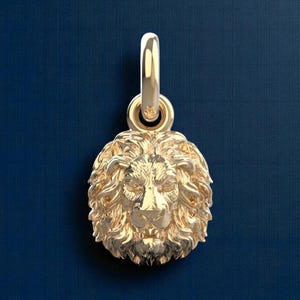 14K Solid Gold Round Lion Pendant, Mini Lion Pendant, Lion Charm Pendant 6mm x 8mm Lion Head Charm Necklace, Dainty Gold Lion Pendant