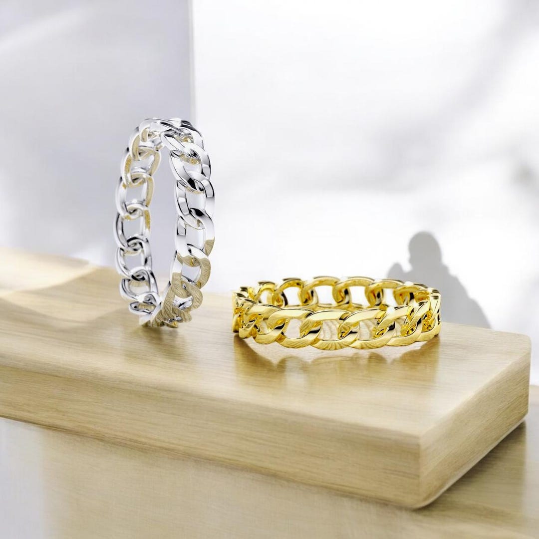 14k Gold Link Chain Ring, Cuban Link Gold Ring, 3.5mm Solid
