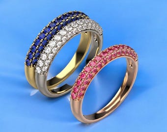 Anillo de diamantes de 3 lados en oro macizo de 14 k, alianza de boda de diamantes de 3 lados de media eternidad para ella, anillo de boda de diamantes de 3 lados de media eternidad, regalo