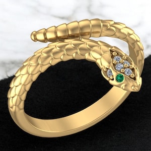 14k Solid Gold Diamond Snake Ring with Emerald Eyes, Snake Ring, Statement Ring for Her, Dainty Serpent Ring, Snake Wraparound Ring for Her