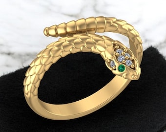 14k Solid Gold Diamond Snake Ring with Emerald Eyes, Snake Ring, Statement Ring for Her, Dainty Serpent Ring, Snake Wraparound Ring for Her