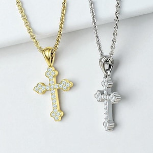 14K Solid Gold Diamond Cross Necklace, Unique Design Cross Necklace with Diamonds, Lab Grown Diamond Cross Necklace for Her, Baptism Gift