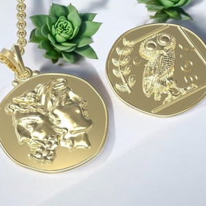 14k Solid Gold Double Sided Greek Coin Design Pendant, Irregular Shaped Green Coin Theme Pendant, Gift for Her