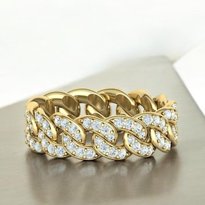 14k Solid Gold Diamond Cuban Link Chain Ring, 7mm Diamond Cuban Chain Ring, Diamond Gold Chain Ring, Unisex Diamond Cuban Link  Gold Ring