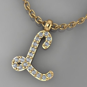 14K, 18K Solid Gold Diamond Initial L Necklace, Diamond Personalized Initial, Cursive Diamond Initial Necklace, Letter Pendant, Initial L