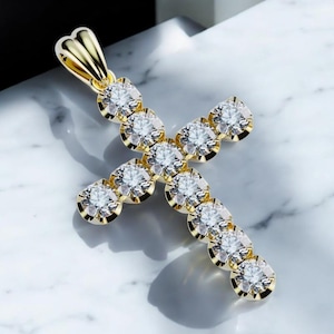 Diamond Cross Necklace, 14k Solid Gold Diamond Pendant for Her,