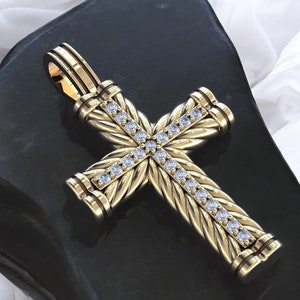 14k Solid Gold Rope Cross Diamond Pendant, Gold Double Row Rope Design Cross Pendant with Diamonds, Unisex Cross as gift, Gift for Her