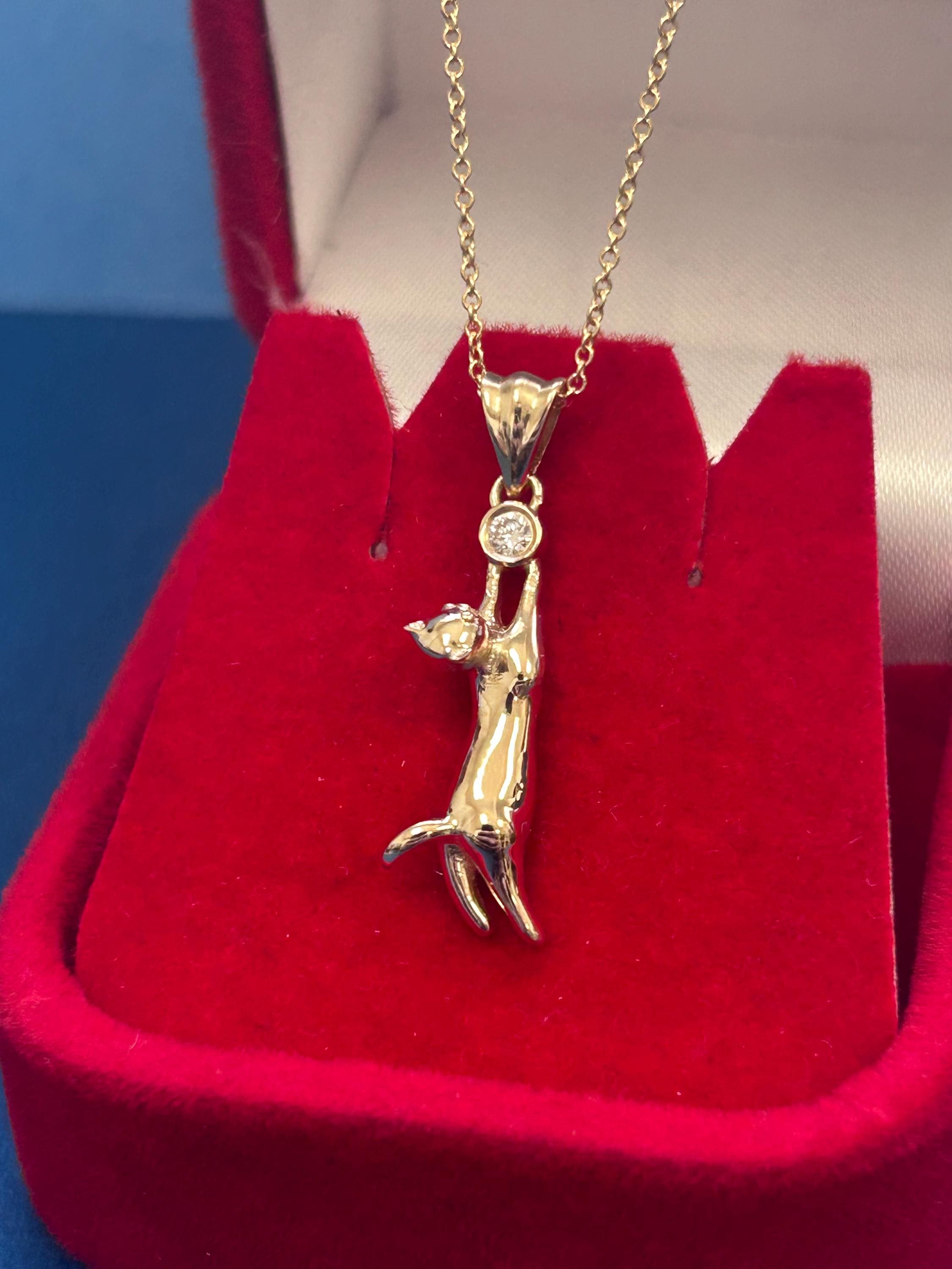 14k Solid Gold Cat Pendant, Diamond Cat Pendant, Climbing Cat Pendant, Diamond Necklace, Necklace for Her, Pet Lover Jewelry, Cat Lover Gift