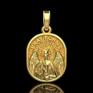 14k, 18k Solid Gold Archangel Two Sided Charm Necklace, Pray for Us Gold Pendant, Gold Archangel Protect Us Pendant, Archangel Pendant