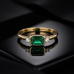 10K/14K/18K Solid Gold Emerald & Diamond Ring - Green Emerald Stacking Ring