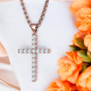 Diamond Cross Necklace, 14k Solid Gold Diamond Cross Necklace, Diamond Cross for Her, Diamond Cross Gold Necklace, Baptism Gift for Her