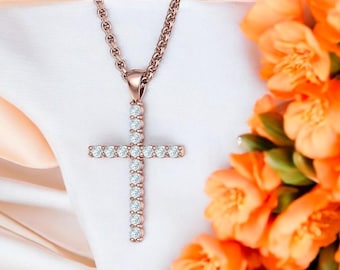 Diamond Cross Necklace, 14k Solid Gold Diamond Cross Necklace, Diamond Cross for Her, Diamond Cross Gold Necklace, Baptism Gift for Her