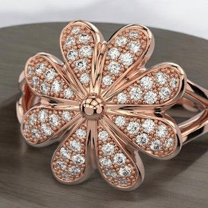 14k Solid Gold Diamond Flower Ring, 0.35CT Diamond Flower Ring, Diamond Flower Statement Ring for Her, Gift for Her