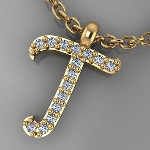 14K, 18K Solid Gold Diamond Initial T Necklace, Diamond Personalized Initial, Cursive Diamond Initial Necklace, Letter Pendant, Initial T