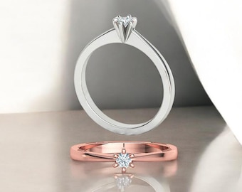 14k Solid Gold Dainty Diamond Solitaire Ring, Dainty Diamond Engagement Ring, 6 Prong Diamond Solitaire Ring, Gift for Her, Anniversary Gift