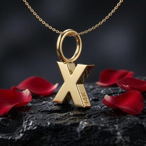 May include: A gold pendant in the shape of the letter X, suspended from a delicate gold chain. The pendant features a polished finish and the engraving 14K on its side. The piece is displayed with scattered red rose petals on a dark textured surface.
