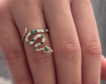 14k Solid Gold Snake Ring with Emerald and Diamonds, Snake Ring, Statement Ring for Women, Dainty Snake Ring, Snake Wraparound Ring for Her