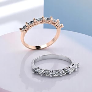 14K / 18K Solid Gold Marquise Diamond Wedding Band, 6 Diamond Marquise Ring, Marquise Diamond Wedding Ring for Her, Gift for Her