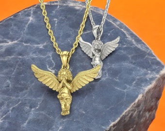 14K Solid Gold Angel Pendant, 3D Gold Angel Pendant, Unisex Gold Angel Pendant, Gift for Her