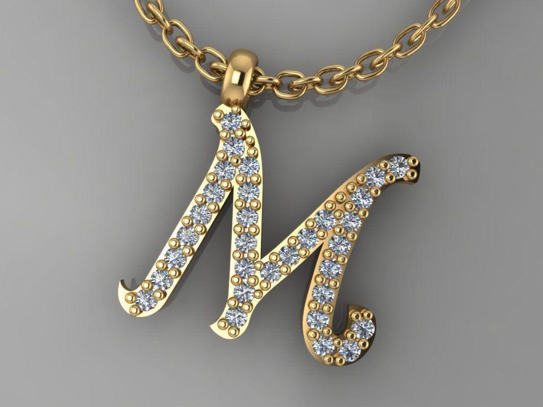 14K, 18K Solid Gold Diamond Initial M Necklace, Diamond Personalized ...