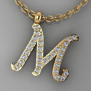 14K, 18K Solid Gold Diamond Initial M Necklace, Diamond Personalized Initial, Cursive Diamond Initial Necklace, Letter Pendant, Initial M
