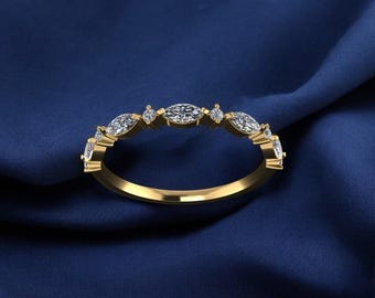 Lab Grown Marquise Half Eternity Wedding Band, 14k Solid Gold Marquise Eternity Wedding Ring for Her, Classy Manmade Diamond Marquise Ring