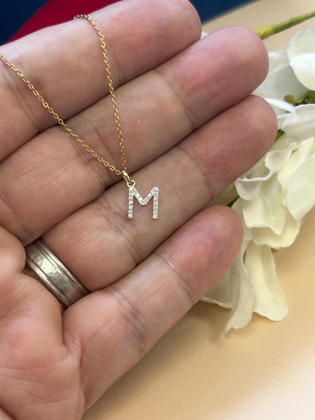 Diamond Initial M Charm Pendant, 14k Solid Gold Diamond M Letter