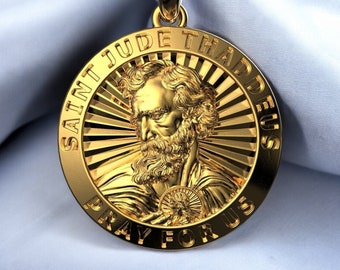 14k Solid Gold Saint Jude Thaddeus Pendant, 17.25 Grams 14k Gold St Jude Thaddeus Pray For Us Pendant, Gold St Jude Thaddeus Pendant