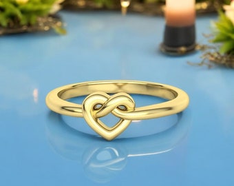 14k Solid Gold Heart Infinity Knot Ring, Gold Infinity Heart Knot Ring, Heart Knot Statement Ring for Her, Gift for Her