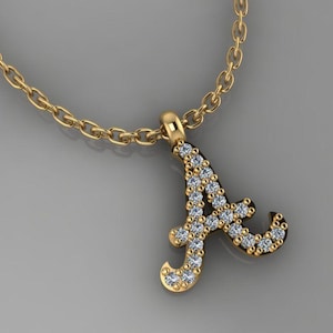 14K, 18K Solid Gold Diamond Initial A Necklace, Diamond Personalized Initial, Cursive Diamond Initial Necklace, Letter Pendant, Initial A