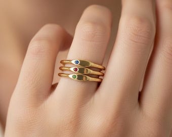14K 18K Solid Gold Tiny Birthstone Signet Ring – Dainty Personalized Pinky Band