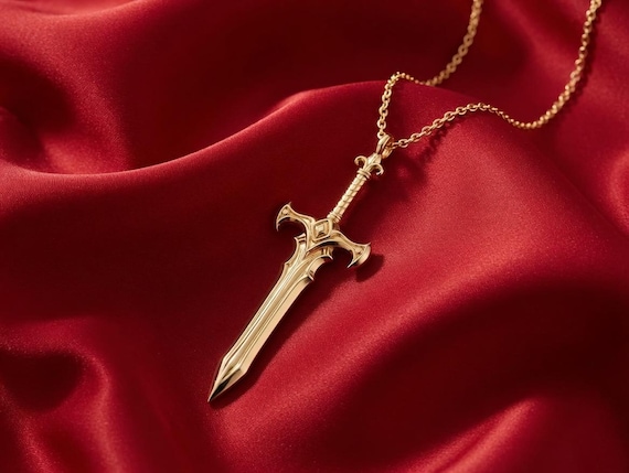 14k Solid Gold Sword Pendant, Double Sided Charm Pendant, Unisex