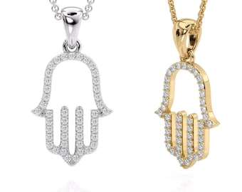 14K Solid Yellow Gold Diamond Hamsa Pendant, Hamsa Diamond Gold Pendant for Her, Hamsa Hand Diamond Pendant, Gift for Her
